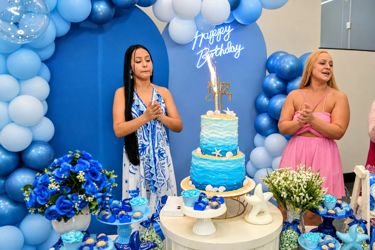 Duas mulheres diante da mesa da festa de 15 anos decorada com balões azuis